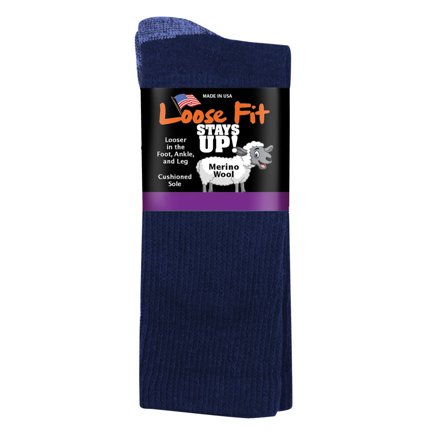 Loose Fit Stays Up Solid Merino Wool Socks - Navy